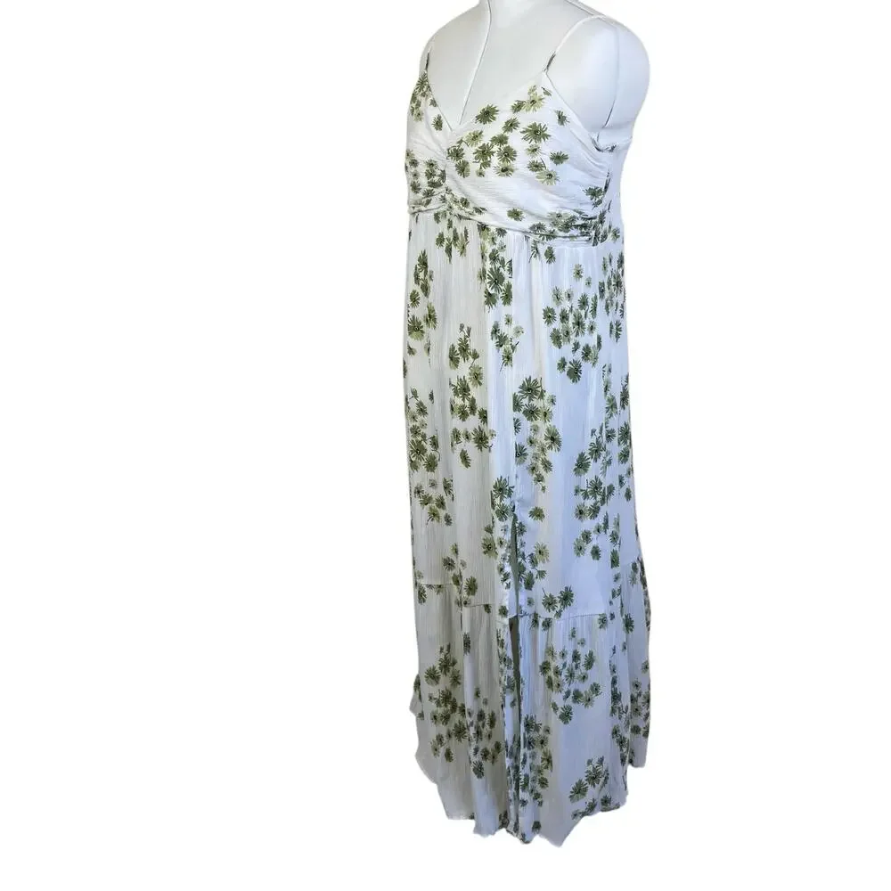 Abercrombie & Fitch Sz XL Babydoll Maxi Dress White Green Floral Crinkle